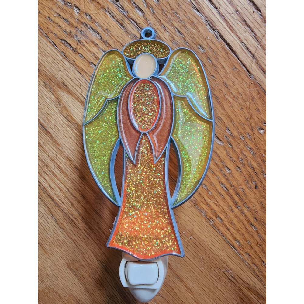 Angel Night Light yellow Orange vintage stained glass